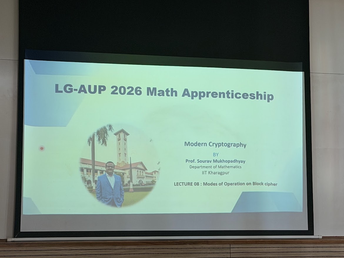 Modern Cryptography lecture at LG-AUP 2026, Ashoka University